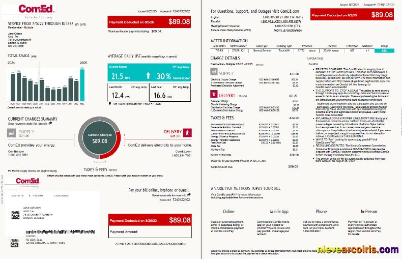 USA ComEd utility bill, 4 pages, 1-2 pages